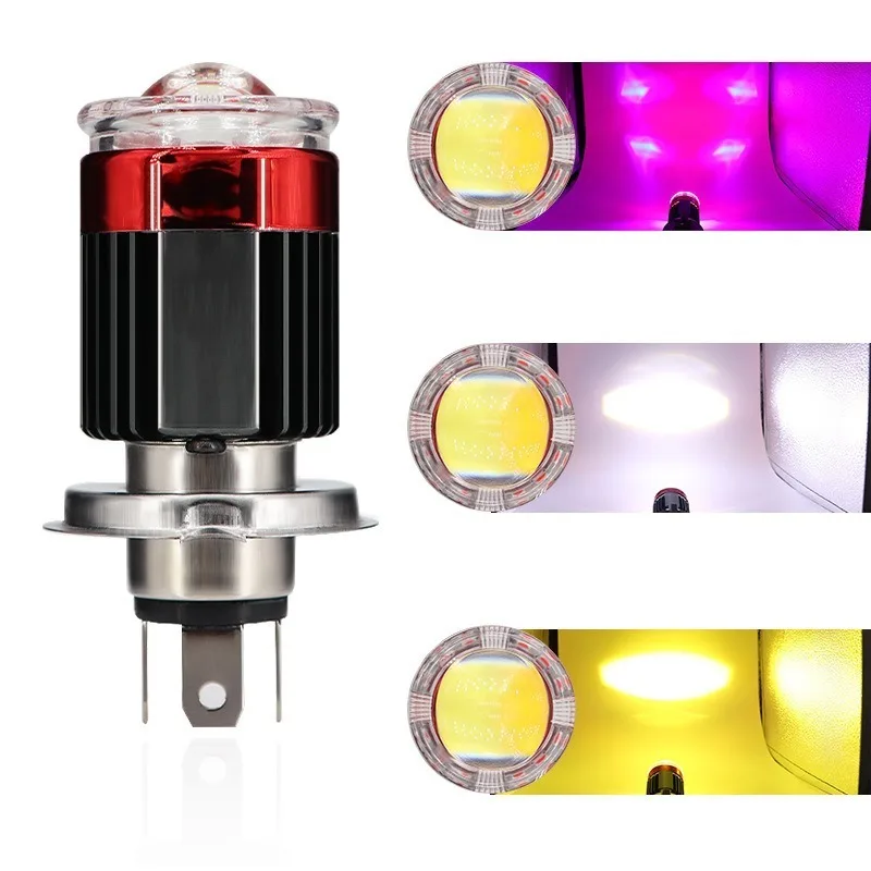 1Pcs White Yellow Strobe Motorcycle LED Headlight Two Colors 13W 12-80V H4 BA20D with Devil Eyes High/Low Beam Motorcycle Bulb