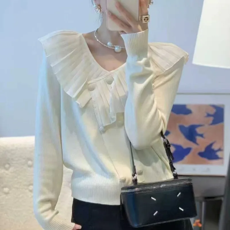 

Women Clothing Spring Autumn Fashion Office Lady Simplicity Button Solid Color Turn-down Collar Female Knitting Appear Thin Swea