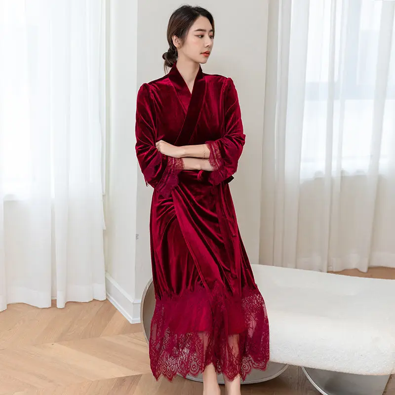 Long Sleeve V-neck Camisole Nightgown 2-piece Set Robe Solid Velvet Sleepwear Dress Wine Red Sexy Slit Lace Up Cardigan Pijama