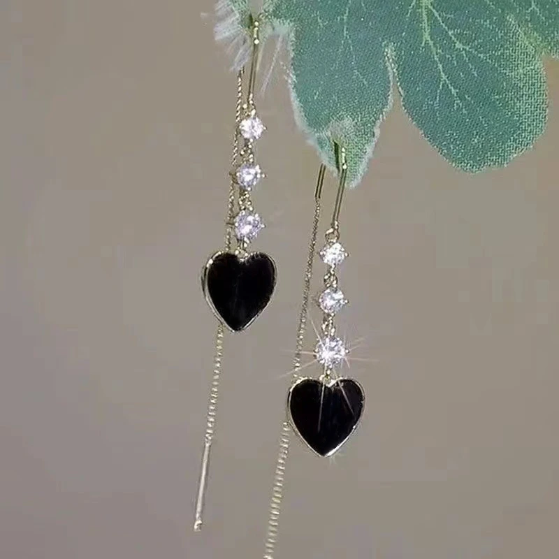 Exquisite Blue Heart Shaped Zircon Long Tassel Earrings for Women Elegant Luxury Ear Line Ladies Wedding Party Jewelry Gifts