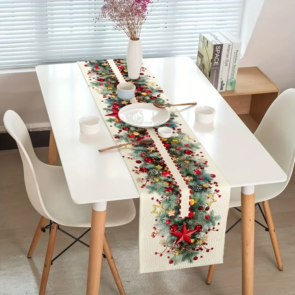 1 Stück Weihnachtskranz und roter Stern-Tischläufer, festliche Esstischdekoration für Herbst und Winter für Zuhause, Party und Urlaub
