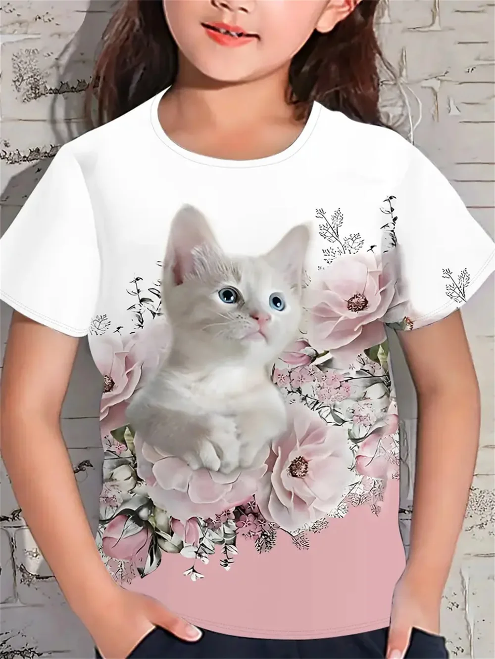 Kaos musim panas anak perempuan lucu, atasan lengan pendek kartun hewan kucing 3d motif 2025 baju anak perempuan Fashion kasual