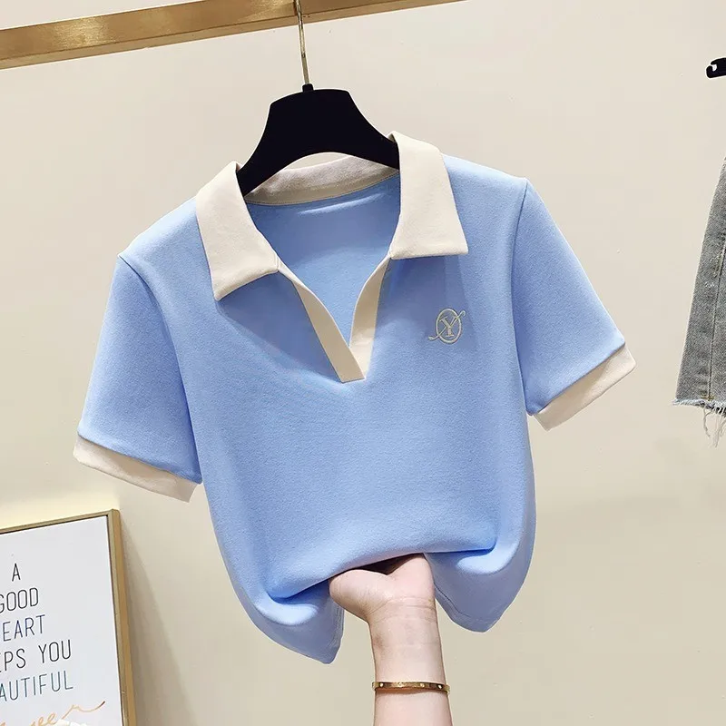 

Pure Cotton ort Sve T-irt Women Summer New Sle Slim Fit Collar Embroidered oulder Top Korean Sle Commute Wind