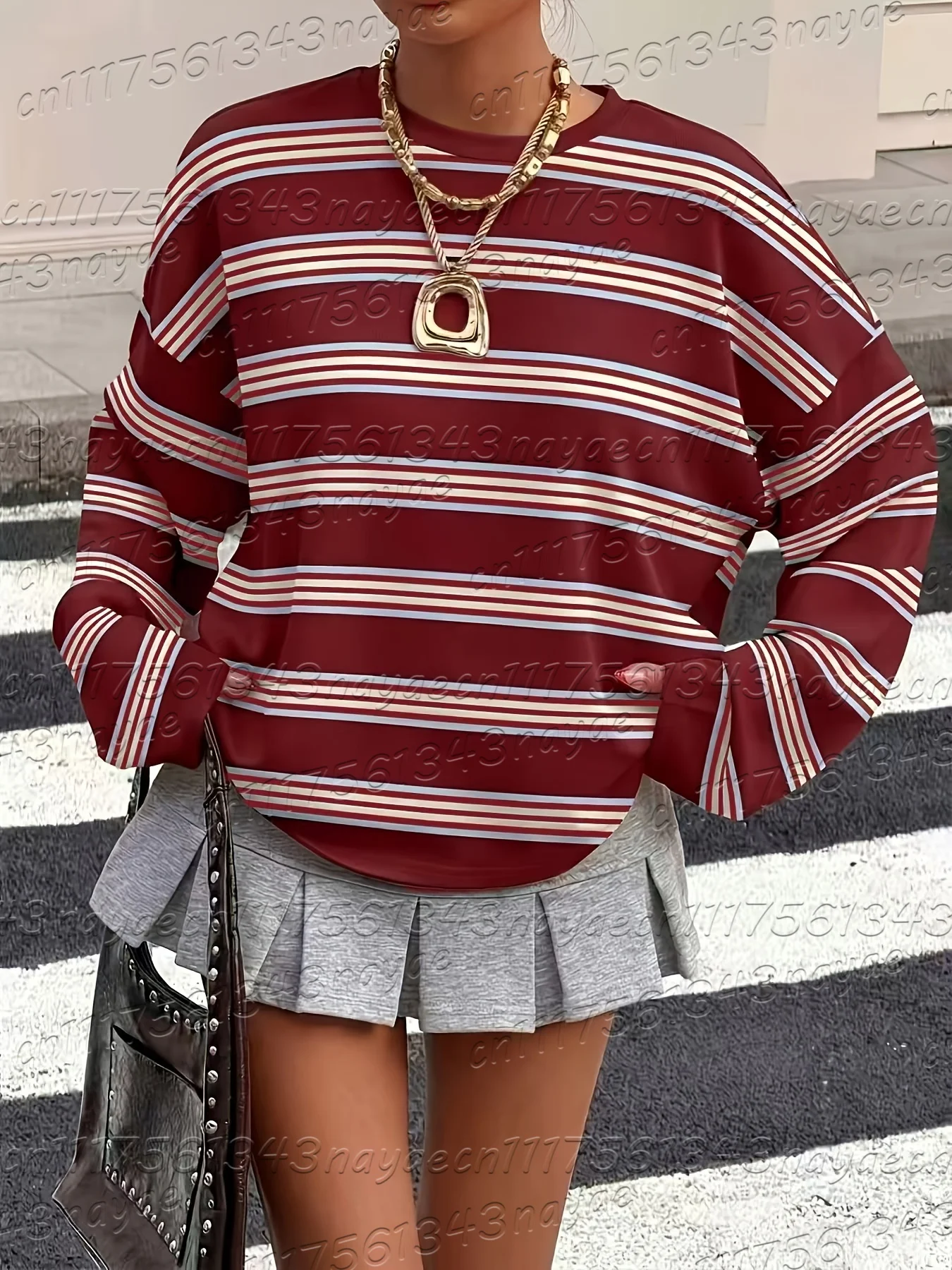 Frühlings- und Herbst-Damen-T-Shirt mit minimalistischem Streifenmuster, Rundhalsausschnitt, langen Ärmeln, Übergröße, im Retro-Amerikanischen Stil. – Detail 3