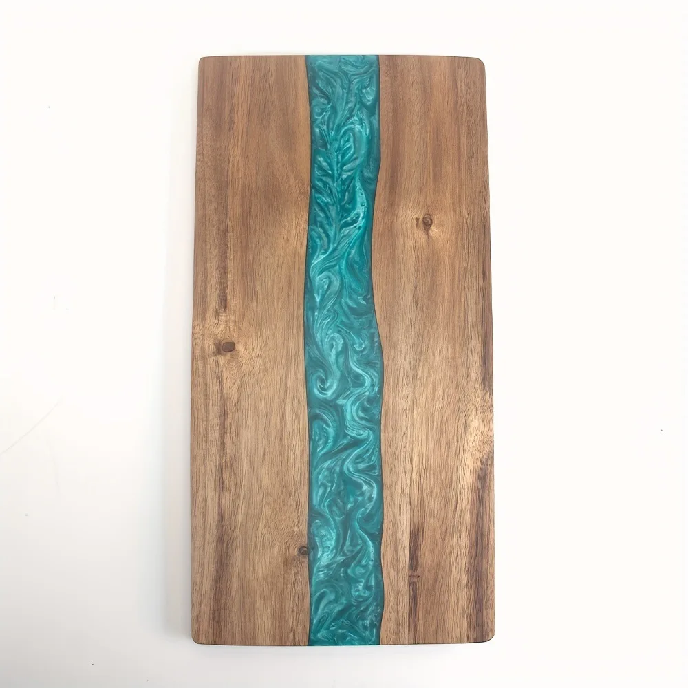 Epoxy Bamboo Resin Acacia Wood Charcuterie Cheese Chopping Board Elegant Ocean Wave Pattern Rectangular Wooden Cutting Board