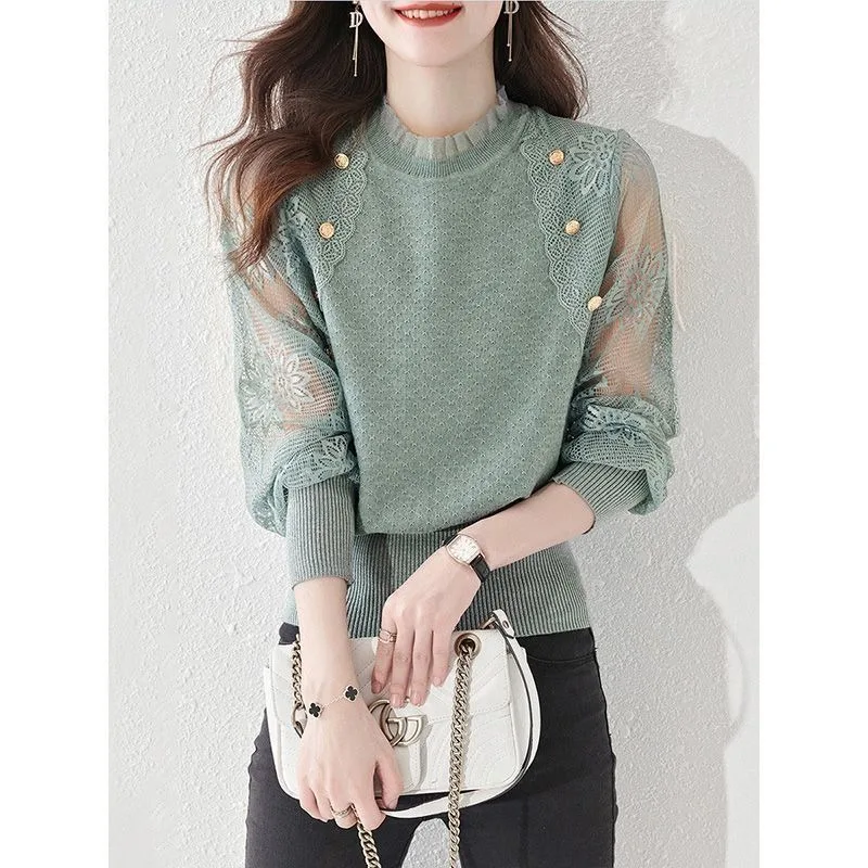 Women Sweater Lace Sleeve Patchwork Korean Fashion Style Clothes Casual Solid Color Loose Spring Autumn Knitwear