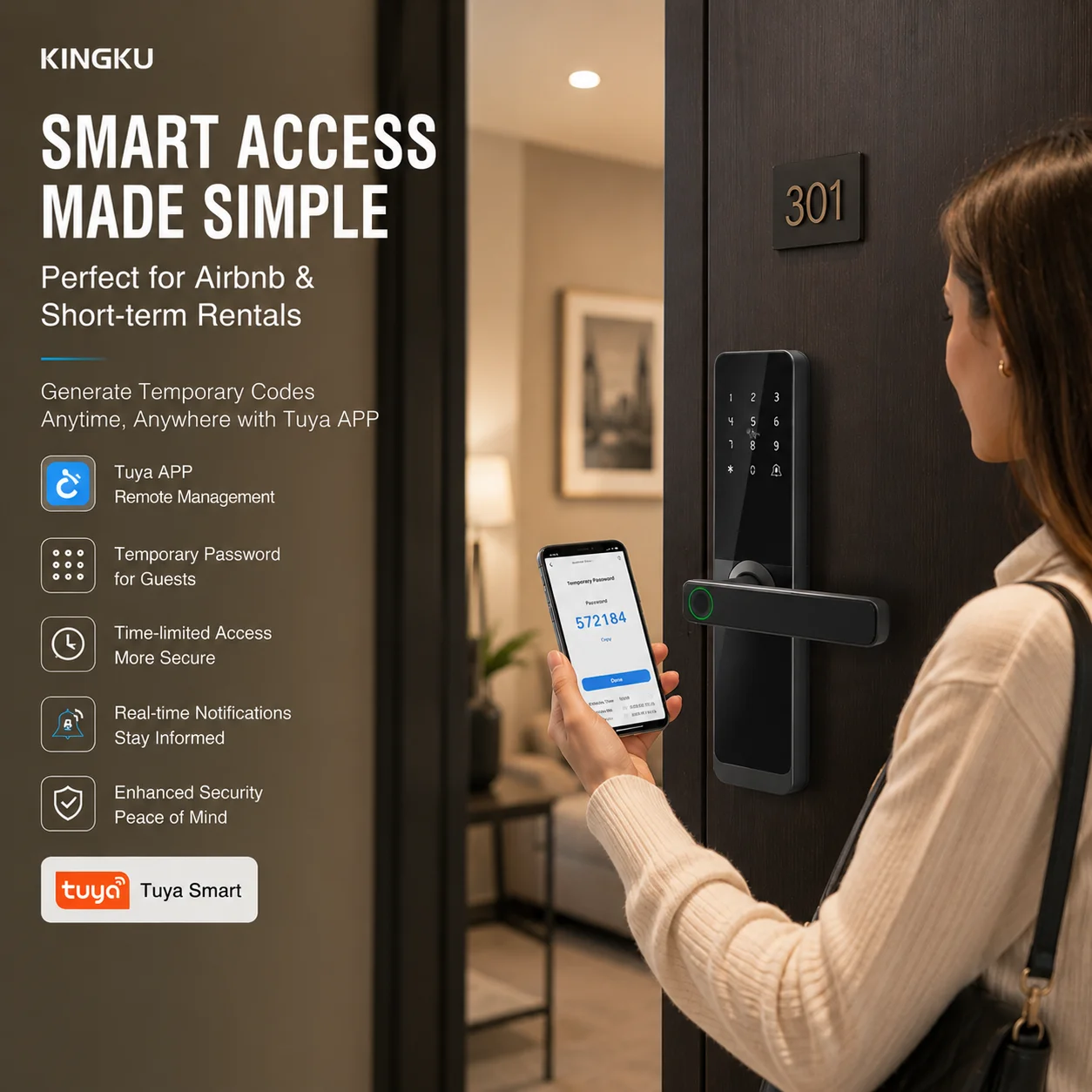 2026 Smart Door Lock with WIFI Tuya APP Compatible Digital Electronic Wooden Door Lock Fingerprint for Smart Home