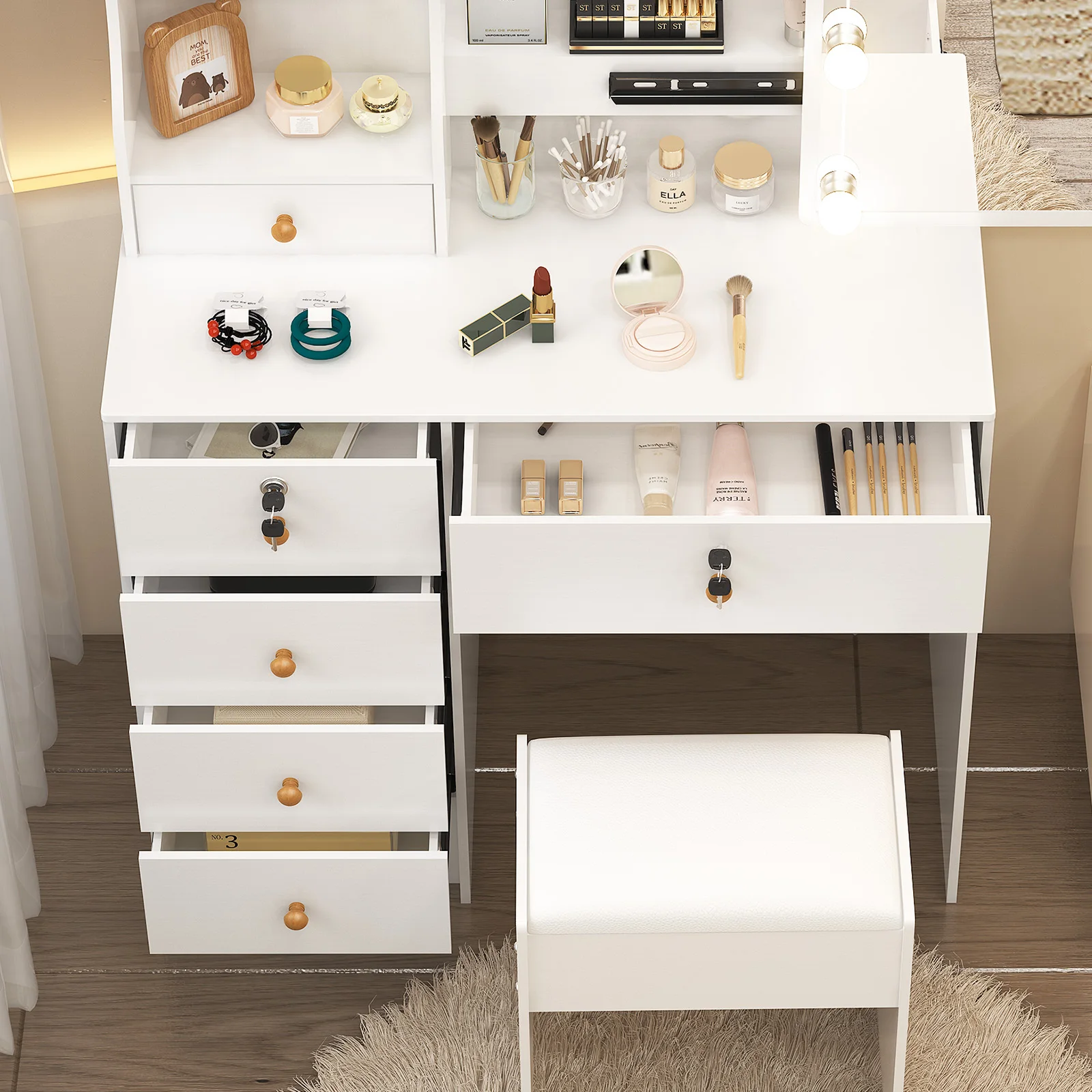 Lighted Vanity Desk Dressing Table Dresser Desk With Stool Set LED Makeup Mirror