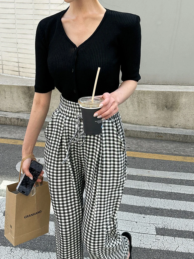

Dongda Gate 2023 New Summer Thin High Waist Black White Plaid Loose Wide Leg Pants Casual Trousers for Women Commute Style
