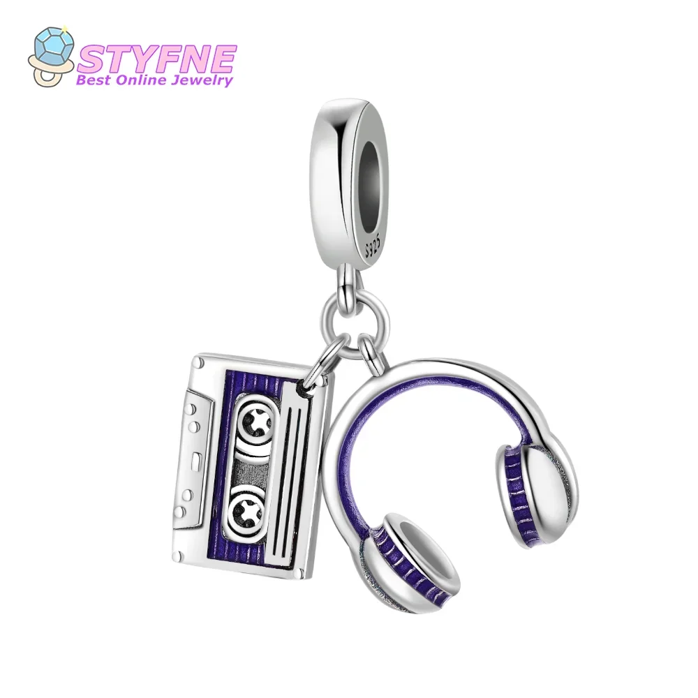 925 Sterling Silver Headphone Recording Strap Pendant Beads Charms fit DIY Bracelets and Necklaces Dangle Pendants Fine Jewelry