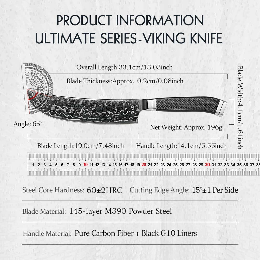HEZHEN 7.5-inch Viking Knife M390 Steel Core 60±2 HRC 145-Layer Damascus Steel DLC Blade Carbon Fiber Handle