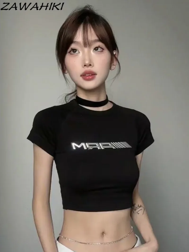 

T-shirts for Women American Retro Letter Print Short Sleeve Summer Y2K Aesthetic O-neck Vintage Chic Sweet Versatile Crop Tops