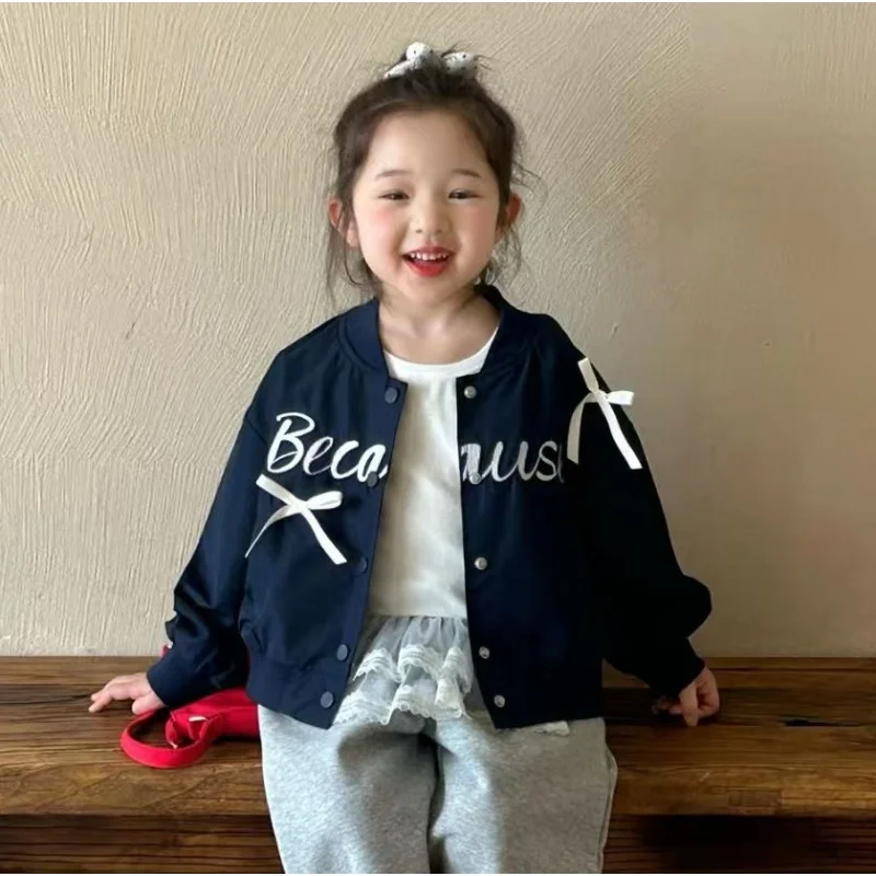 Girl's Spring Autumn Coat 2025 Fashion New Long Sleeve Bow Baseball Jersey Infant Jacket Top 2-10Y Kids Letter Baseball Uniform