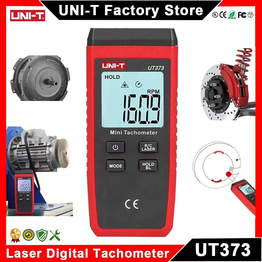 Tachometer Laser Digital Mini, UNI-T UT373, Laser Digital Mini, Tachometer Universal tanpa kontak, pengukur kecepatan rotasi 99999 RPM, Tachometer lampu latar LCD