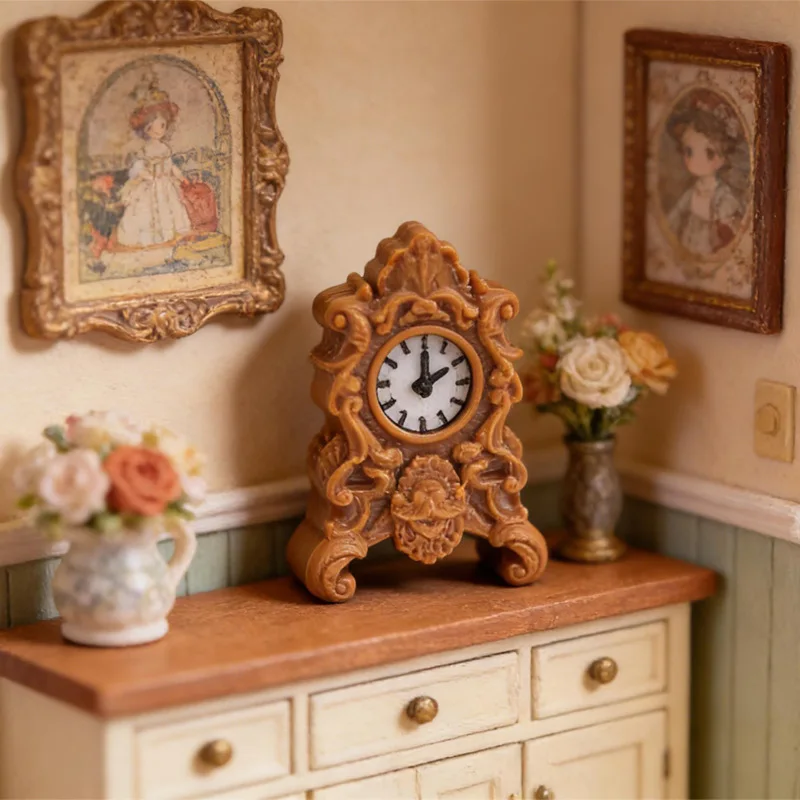 

1:12 Scale Dollhouse Miniature Vintage Clock, European Ornate Table Clock Model, Antique Decorative Accessory for Room Diorama