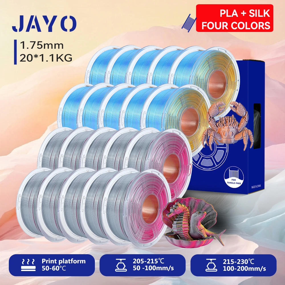 JAYO 20 Rollen 3D Zijde PLA Filament Vierkleurig PLA Plus 3D Printer Filament 1.75mm Glanzende Zijdetextuur 4-in-1 Kleurenfilament