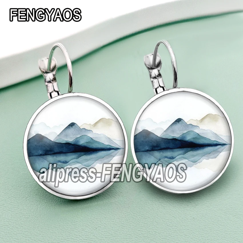 Mountain and River Stud Earring for Women Fashion Natural Scenery Glass Cabochon Hook Earrings