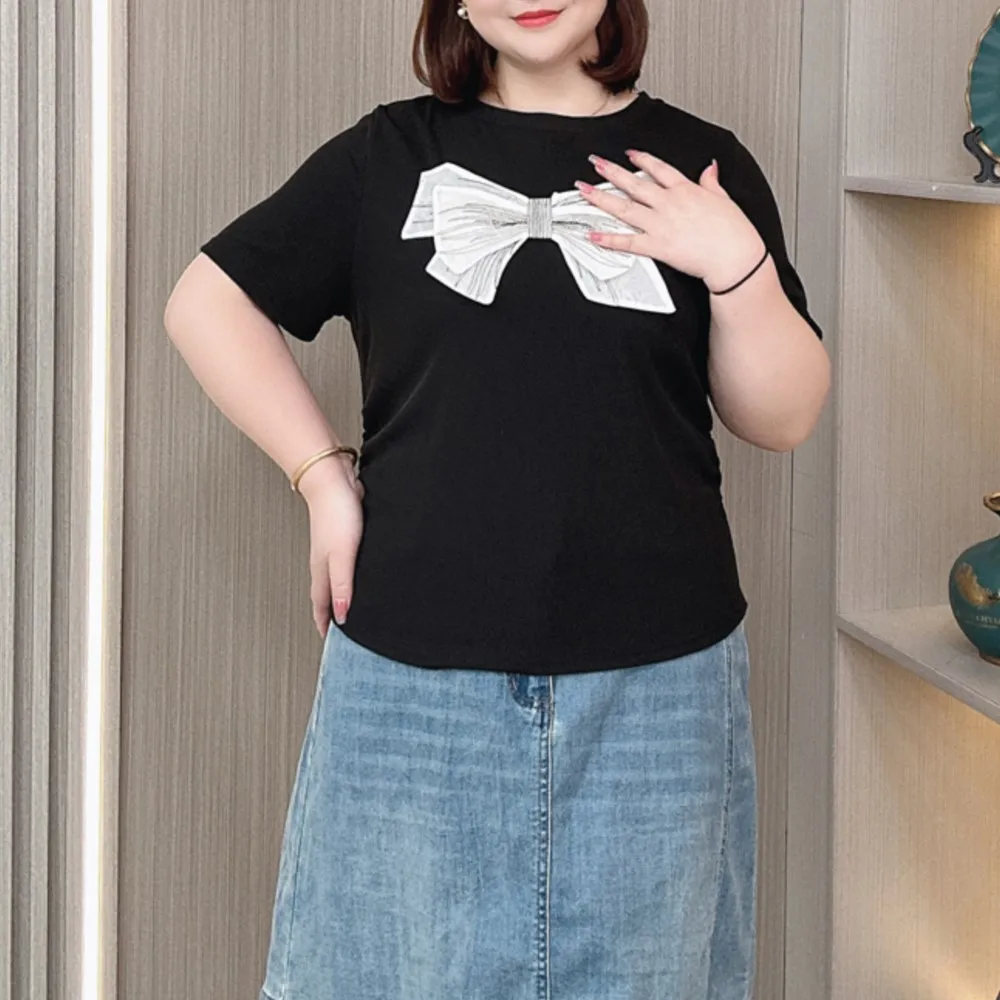 Plus Size Damen Kurzarm T-Shirt Sommer neue entspannte dünne 3D dekorative Schleife lässig beide Seiten Falt oberteil