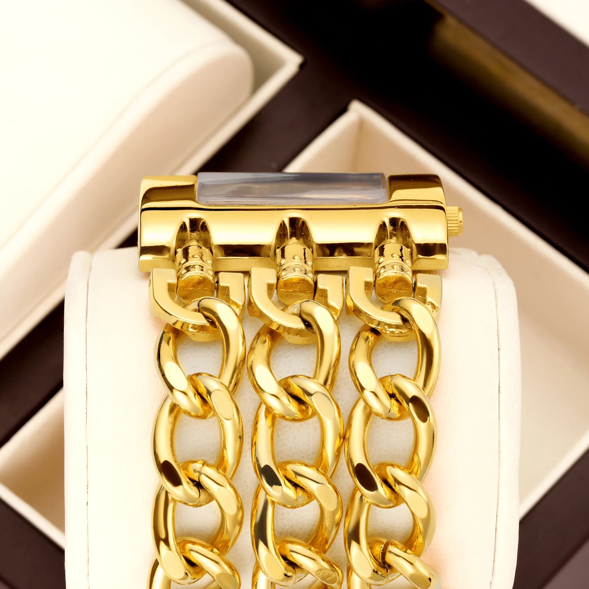 YaLaLuSi Thick Double U Chain Gold Square Women Watch Black Sun Dial Bold Chunky Metal Bracelet Elegant Party Quartz Wristwatch