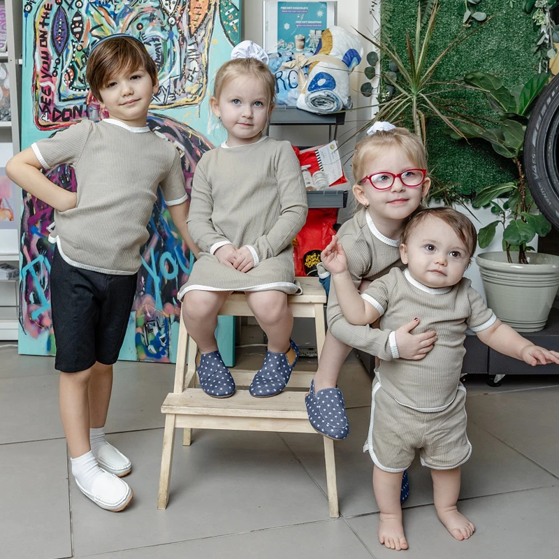 Children ribbed short sleeve and long sleeve summer clothes top kids clothes boy and girls clothes contrast white trim
