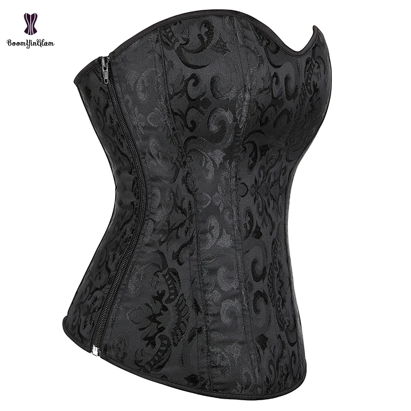 2023 New Side Zip Push Up Corset Top Jacquard Lace Bond Gothic Vintage Corselet Overbust Korsett Women With T String Plus Size