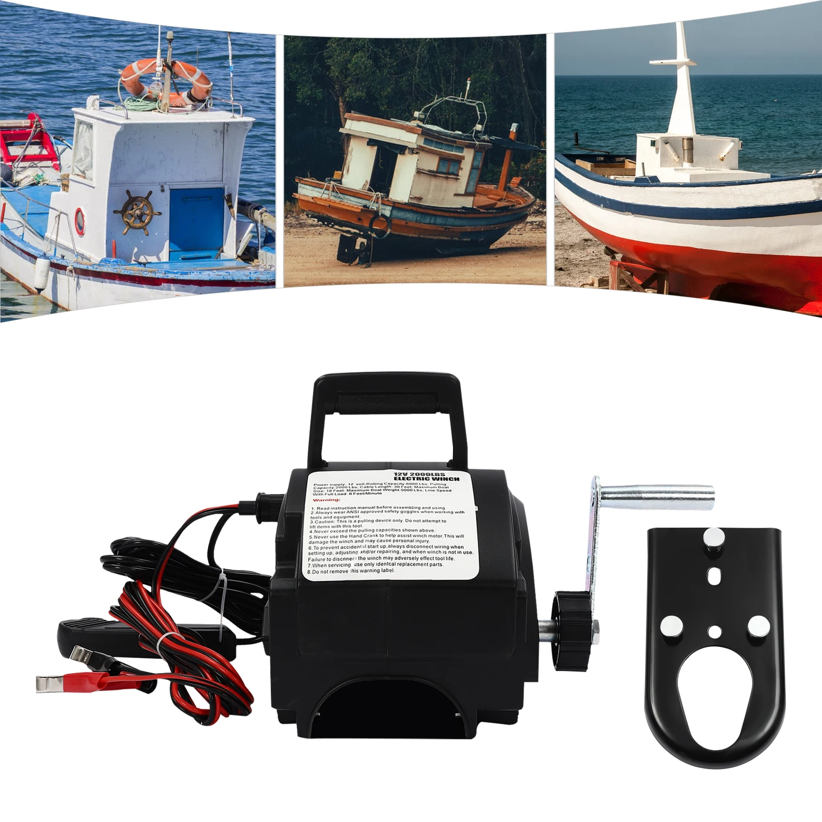 Portable Electric Winch 2000LB Remote Towing Hitch Truck Trailer Boat 300W 12V