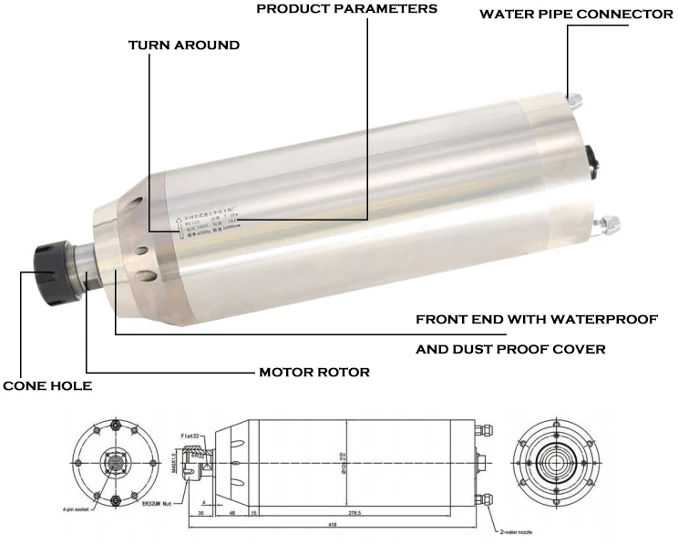 

HOLRY High Torque 125mm Er32 220v 380v 400hz Water Cooling CNC 24000rpm 7.5kw Spindle Motor