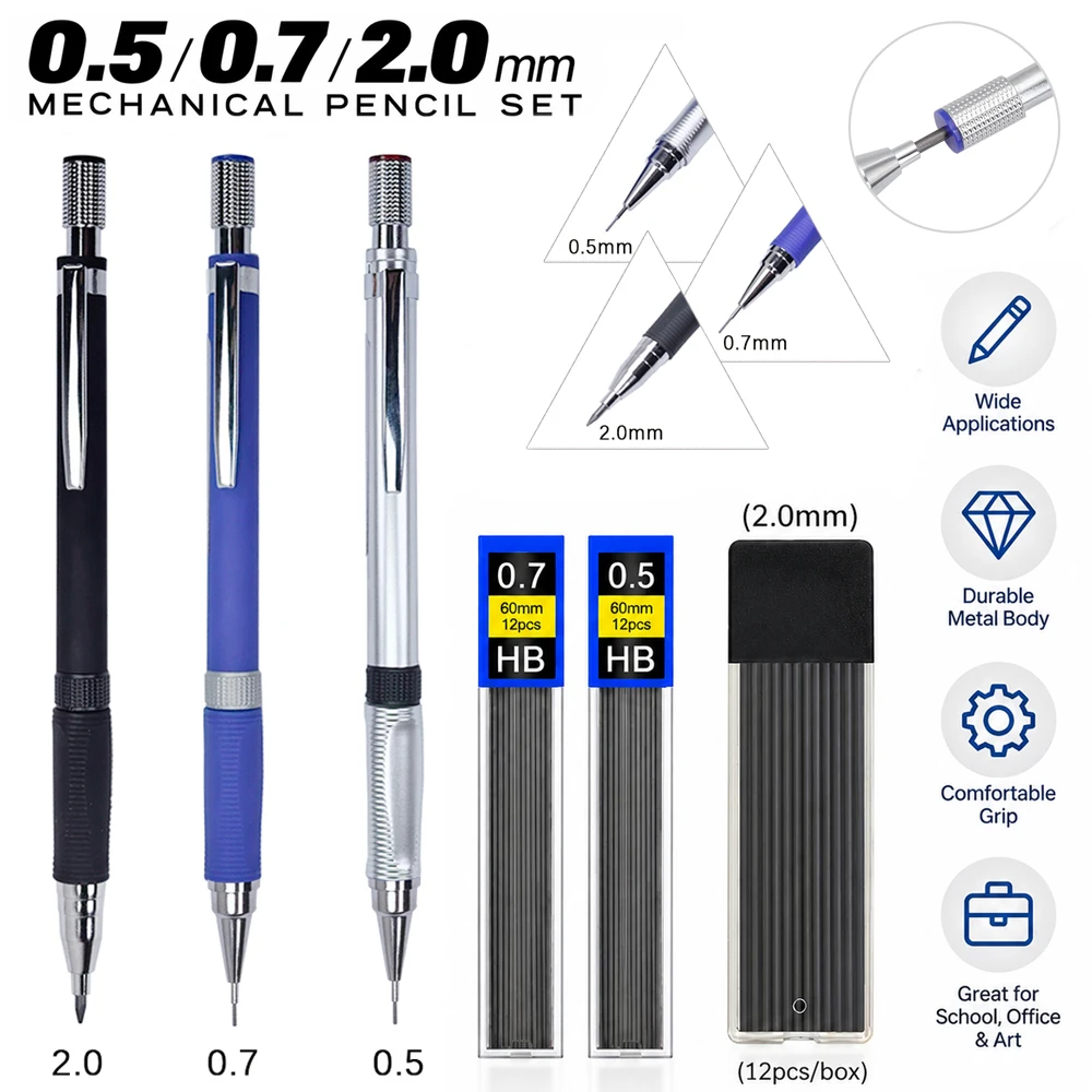 0.5/0.7m/2.0mm Mechanical Automatic Pencil Set, Anti Slip and Comfortable Grip, for Students Daily Writing and Sketch Painting