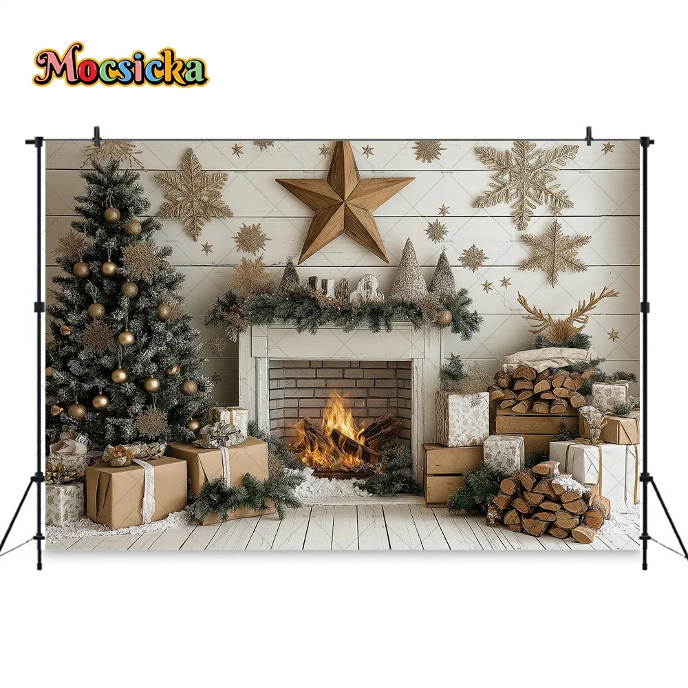 Retro Fireplace Photography Background Christmas Room Gold Xmas Star Pine Tree Gift Wooden Backdrop Kids Birthday Photo Studio