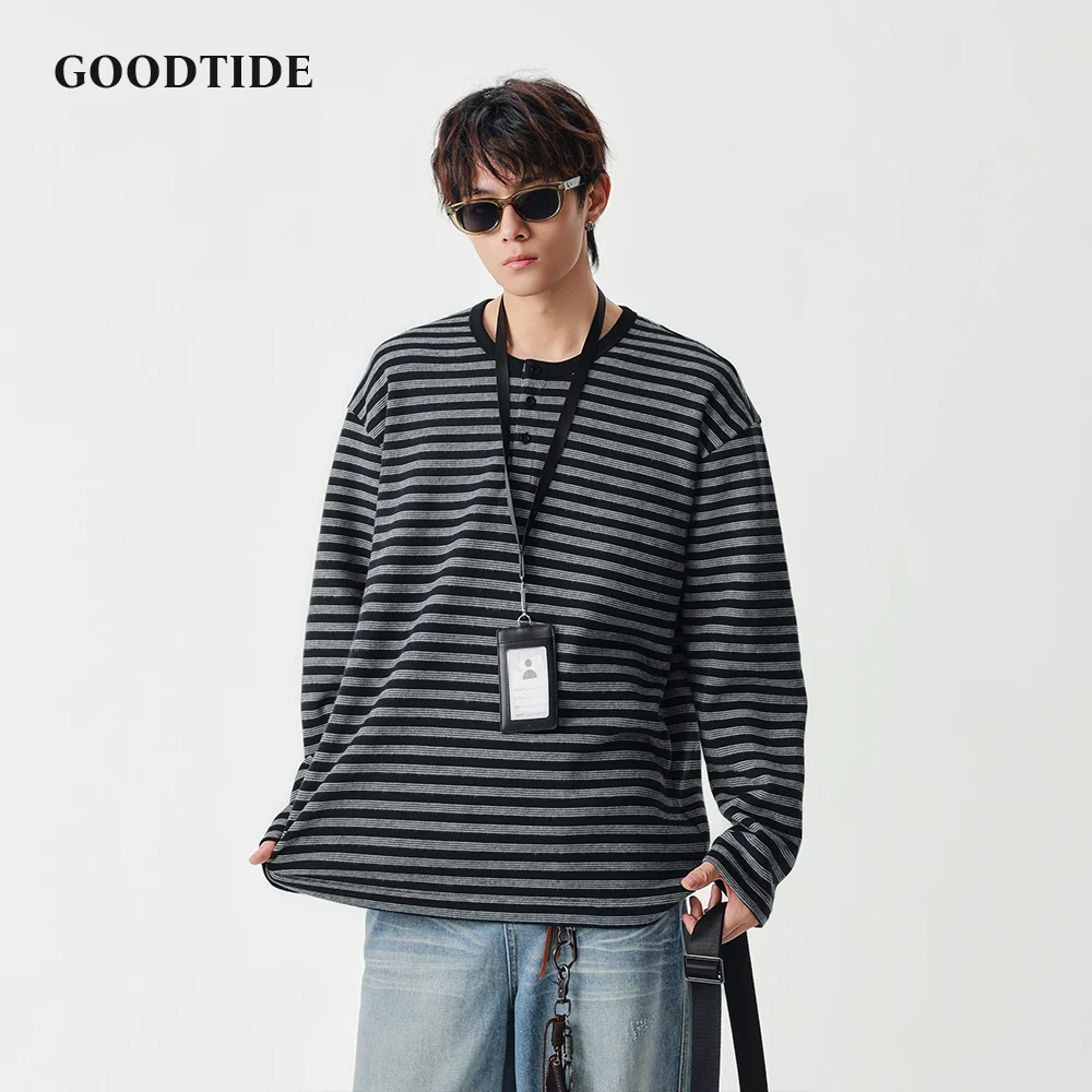 

Fashion Men's Casual Henley Neck Sweatshirt 2025 Winter New Striped Pattern Contrast Collar Loose Fit Design Comfortable Top