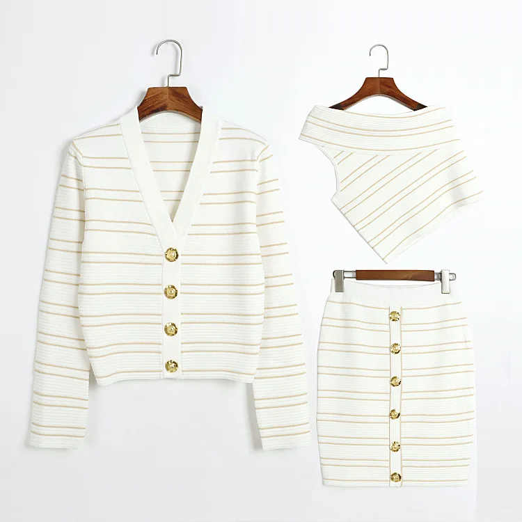 

Autumn New Casual V-Neck Cardigan with Gold Striped Detailing, Buttoned Design, One-Shoulder Tank Top, and Bodycon Knit Skirt Th