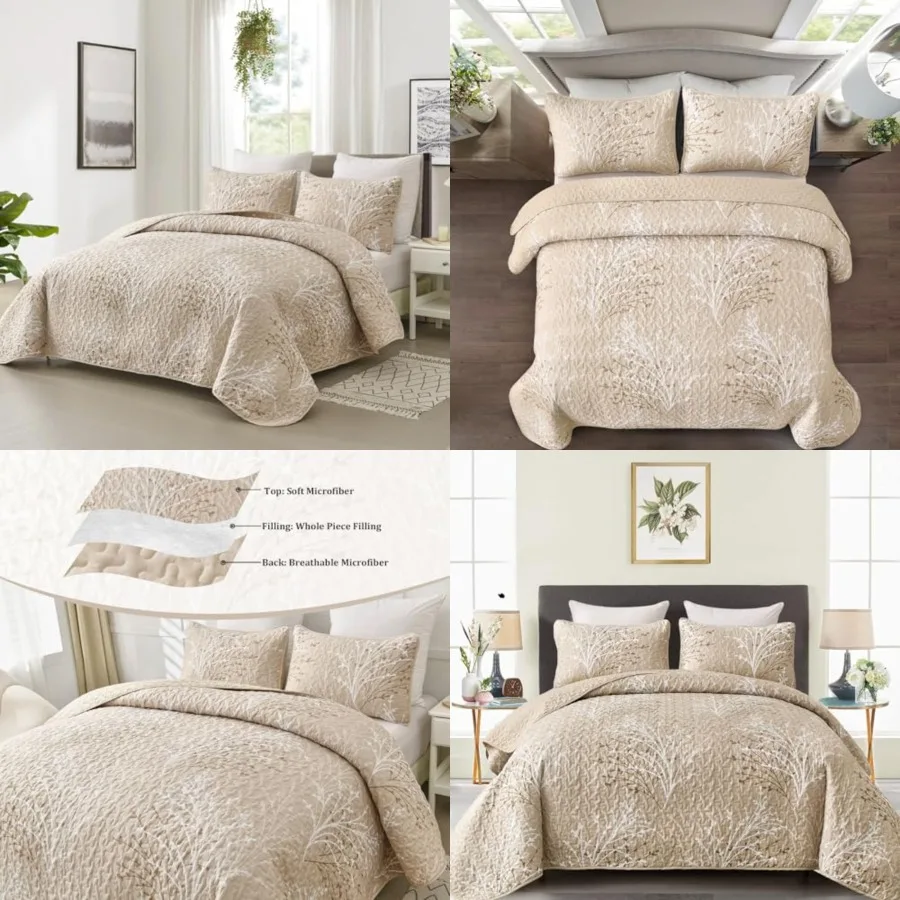 

Quilt Set Size 3 Pcs Branch Botanical Pattern Bedspread Coverlet Set, Cream Floral Quilt Bedding Set Soft Lightweight Summer Be