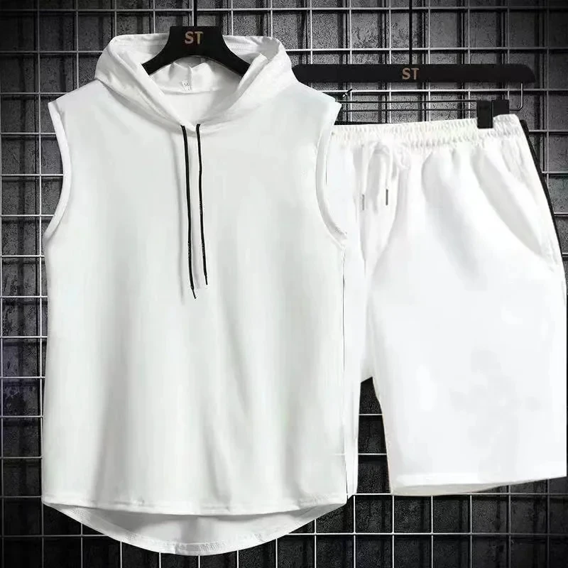 Men\'s oversized tracksuit, sleeveless hooded T-shirt, shorts, sports vest, two-piece suit, gym sweatpants, new for summer