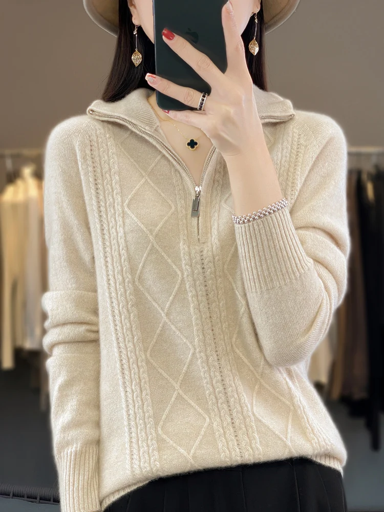 2024 Autumn Winter Women Zipper Pullover Cable Knit Turn Down Collar Cashmere  Sweater Casual Style 100% Merino Wool Knitwear