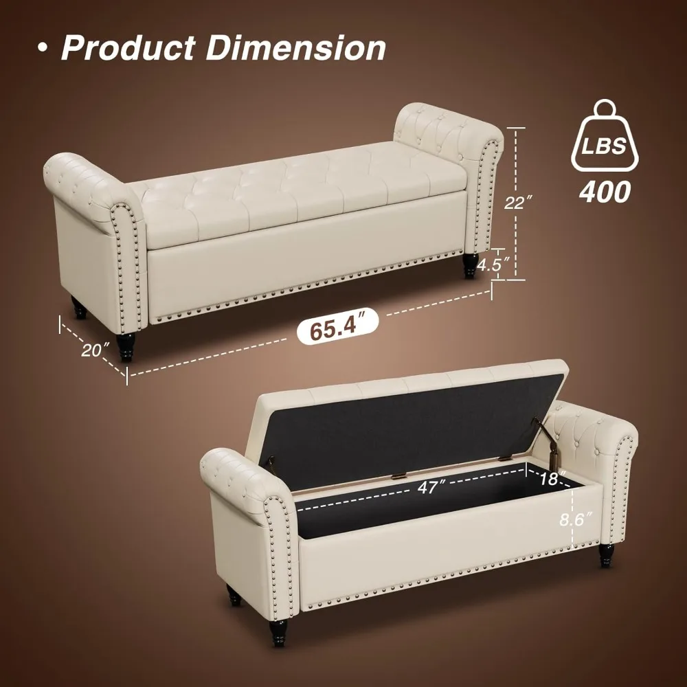 مقعد تخزين من الجلد الصناعي مع تصميم زر معنقدة لغرفة النوم، نهاية مقعد السرير مقاس 65 بوصة، مقعد قدم للسرير مع عرض نافذة #2