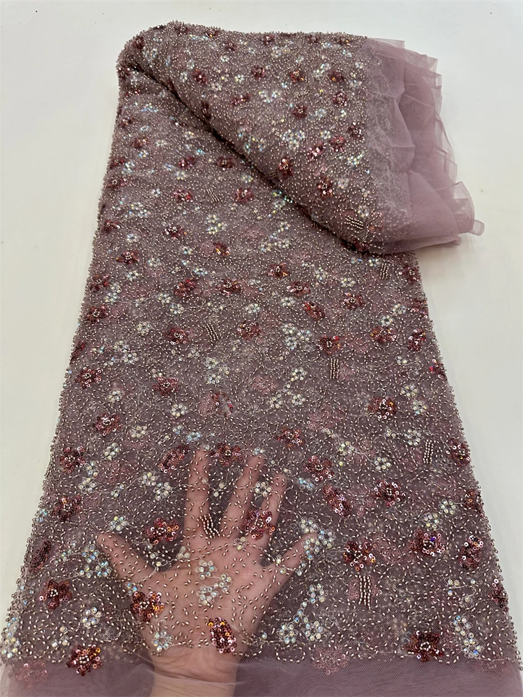 

High Quality African Handmade Beaded Lace Fabirc 2024 Sewing Sequins Embroidery Nigreian Lace Fabric Women Wedding Dress RF