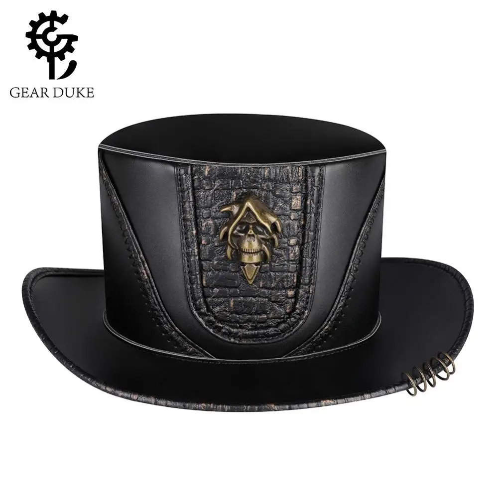 Unisex Perfor Gentleman Fedora Streampunk Pu Leather Black Patchwork Cap Metal Skull Decorative Plague Doctor Dome Magic Hat