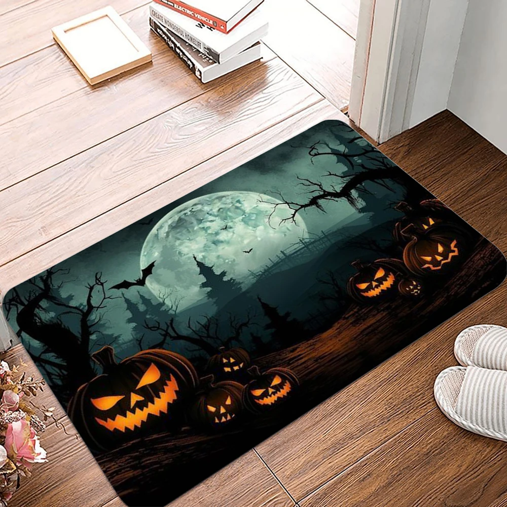 Halloween Pattern Door Mat Vivid Pumpkin  Moonlit Night Designs with Bats and Spooky Trees NonSlip Floor Mat for Home Decor