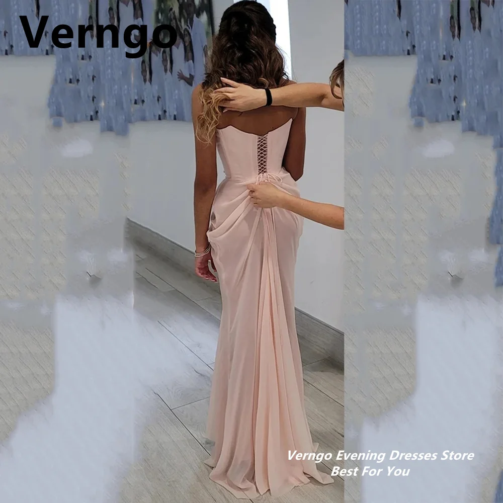 Verngo Blush Pink Chiffon Evening Gown Lace Applique Mermaid Party Dress Strapless Formal Dress Lace Up Prom Gown customized