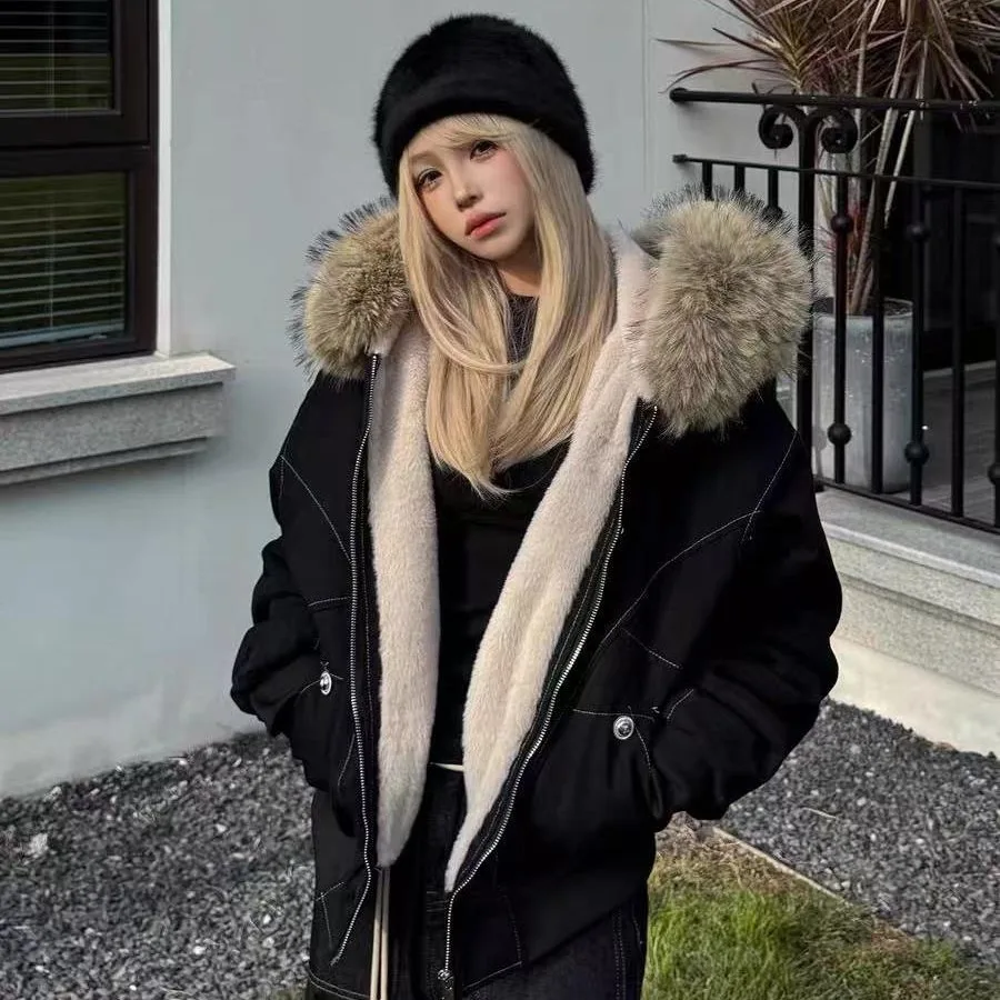 レディース オルト パーカー スレ ダウン コットン ジャケット フード付き フェイク ラビット ファー カラー 暖かい ジッパー クロージャー ロング スリーブ ウィンター コート
