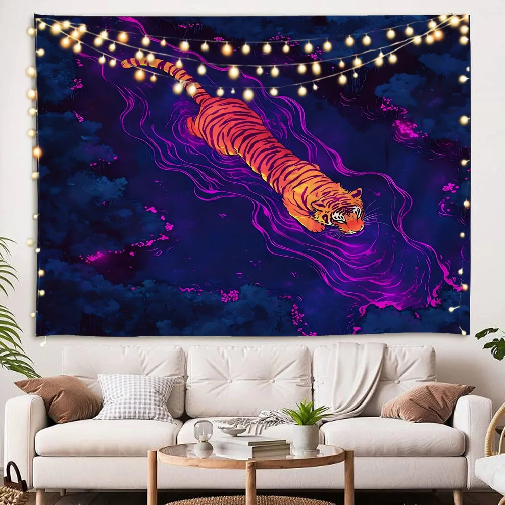 

Tigers Walking in Water Art Tapestry Plants and Animals Living Room Sofa Wall Background Cloth Home Decoration Mural Painting