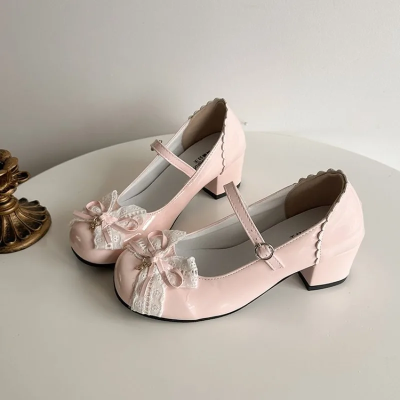 Sweet Lolita Butterfly-knot Women Mary Jane Shoes Concise Mid Heel Patent Leather Dress Shoes Cosplay Party Daily Wear Pumps view 2