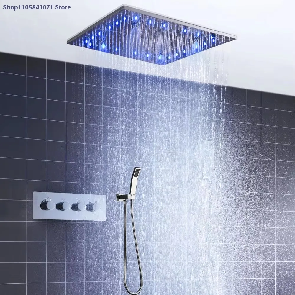 20 Inch Square LED Shower Faucet Set Thermostatic Mixer Valve Spa Mist Rain Shower Head Top Spray Bathroom Shower System
