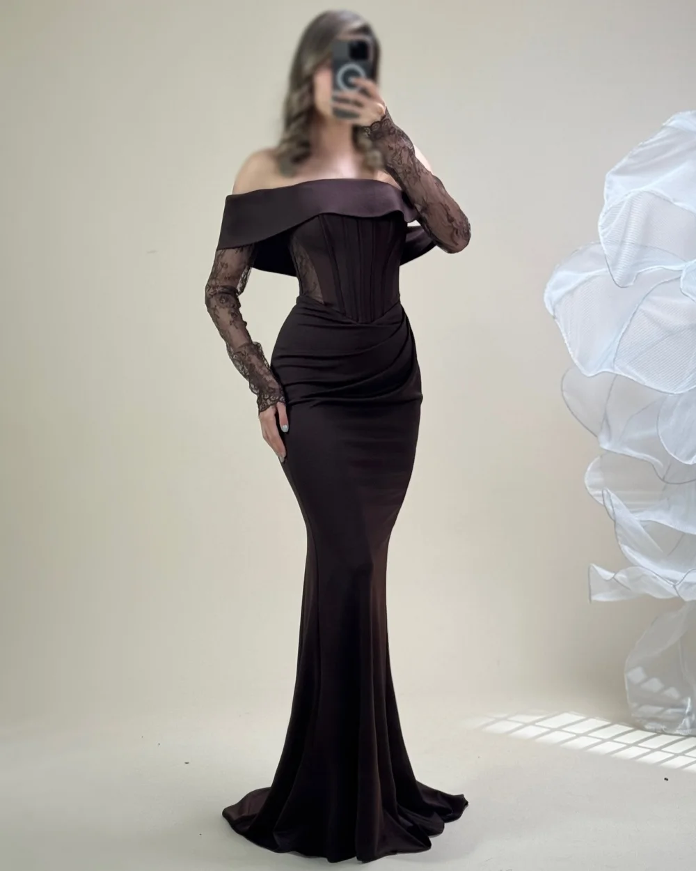 

Customized Classic Women Jersey Lace Ruched Mermaid Evening Dress Modern Style Off-the-shoulder Three Quarter Sleeve Party Gowns