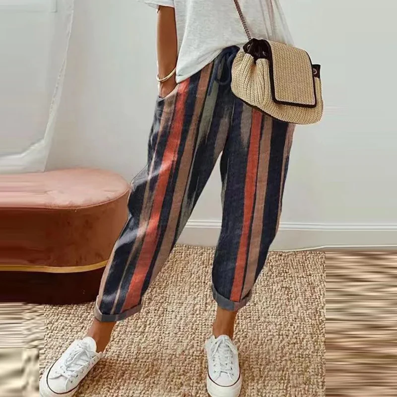 Ethnic Retro Print Women Mid-waist Ankle Length Pant Summer Cotton Linen Pocket Straight Trousers Lady Casual Drawstring Overall