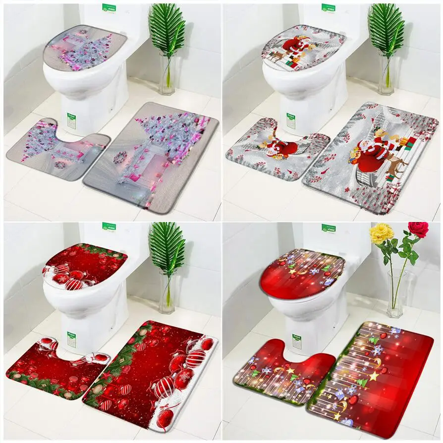 Christmas Bath Mat Set Santa Clause Elk Xmas Ball Star Snowflake Red New Year Home Bathroom Decor Carpet Non-Slip Rug Toilet Lid