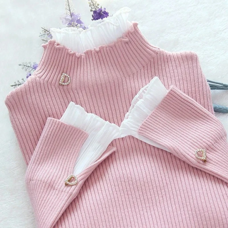 2224 Autumn Winter Mock Neck Women Sweater Vintage Basic Solid Knitted Tops Casual Slim Pullover Korean Sweaters Simple Jumpers