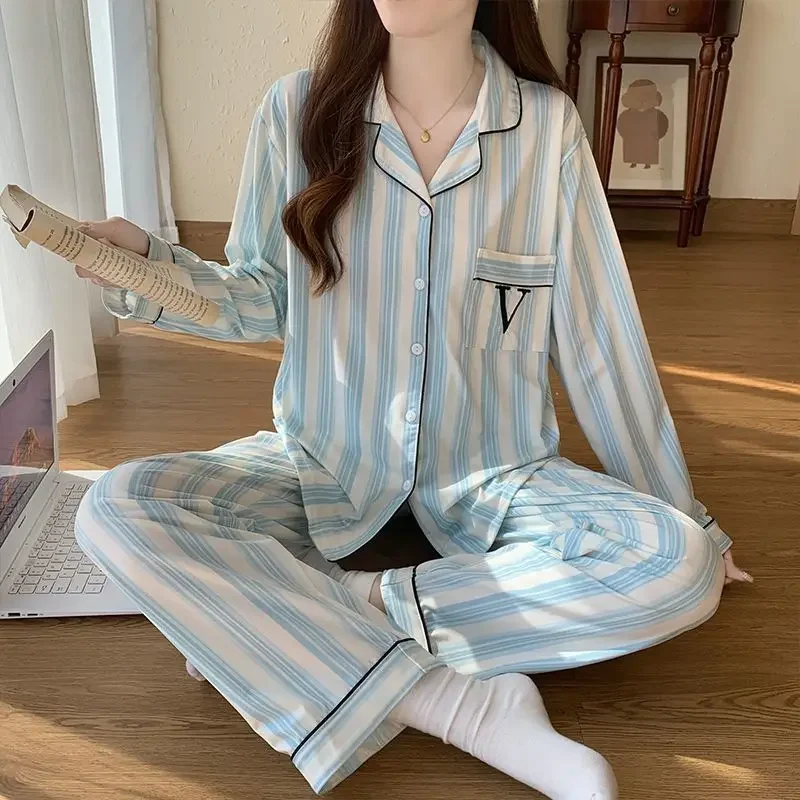 Pijamas Women Long-sleeved Pajamas Women's Autumn Winter Sleepwear New Simple Striped Loose Large-size Cardigan Loungewear Set