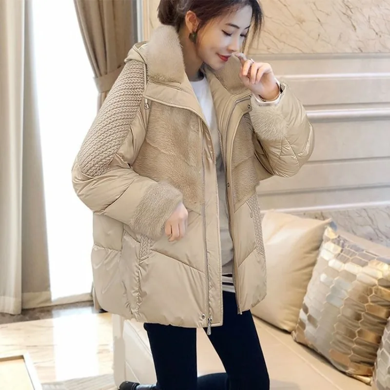 

Women's Beige Hooded Down Jacket Patchwork Charming Youthful Thickened Loose Fit Outerwear Winter Wear New Style Jacket Women
