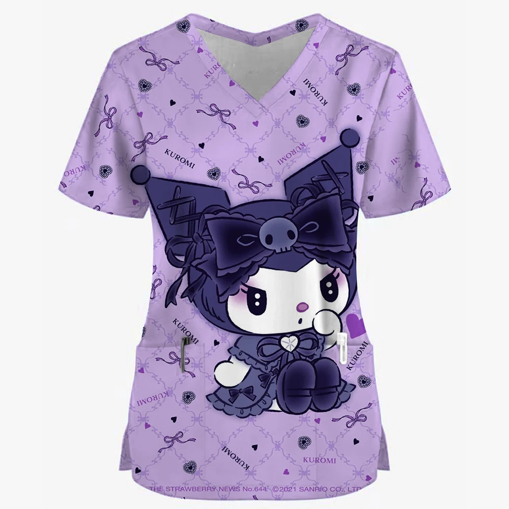 Women Nurse Uniform Kuromi Print V-Neck Pocket Medical Uniforms Cartoon Nursing Scrubs Tops Uniforme enfermera